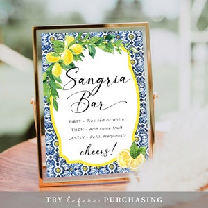 Printable Sangria Bar Sign and Wine Tags, Positano Blue Tile Lemon, Wedding Drinks Menu Sign ...