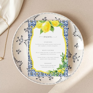 Plantilla de menú imprimible, limones con azulejos azules de Positano, menú de mesa para bodas, menú de cena temática de la costa italiana de Almalfi, menú de brunch para despedida de soltera
