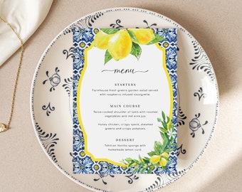 Druckbare Menüvorlage, Positano Blaue Fliesen Zitronen, Hochzeitstischmenü, italienisches Thema Almalfiküste Thema Abendmenü, Brautparty-Brunch-Menü