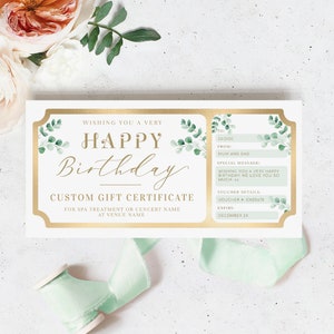 Birthday Custom Gift Voucher Template, Greenery Printable Birthday Gift Certificate, Unisex Birthday Printable Birthday Gift Coupon, Ferras
