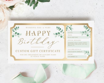 Birthday Custom Gift Voucher Template, Greenery Printable Birthday Gift Certificate, Unisex Birthday Printable Birthday Gift Coupon, Ferras