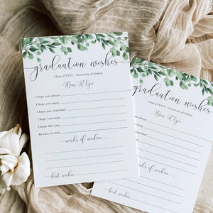 Plantilla imprimible de deseos de graduación, recuerdo de graduación con hojas verdes, tarjeta con ideas para la lista de deseos, tarjeta con consejos y deseos para graduados, Everly