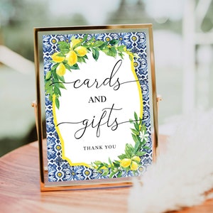 Karten und Geschenke druckbares Schild, Positano Blue Tile Lemon, bearbeitbares Hochzeitsgeschenk-Tischschild, Hochzeit in Hochzeitsort, italienische Zitronen
