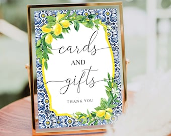 Cards and Gifts Printable Sign, Positano Blue Tile Lemon, Editable Wedding Present Table Sign, Destination Wedding, Italian Lemons