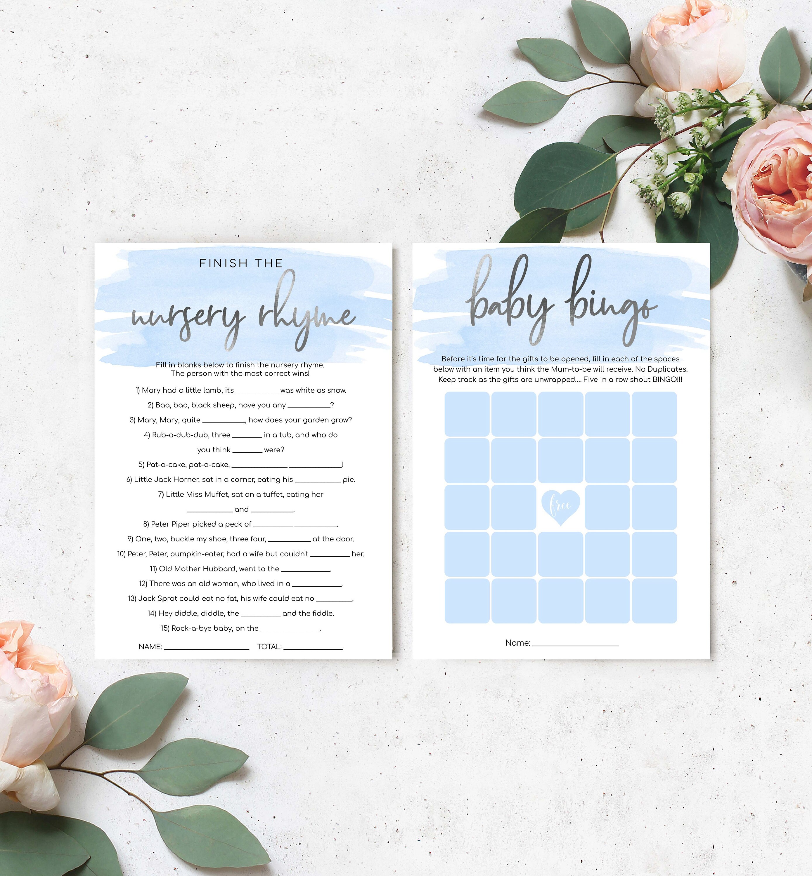 Printable Baby Shower Games Bundle, Blue Watercolour, Silver, Boy Baby ...