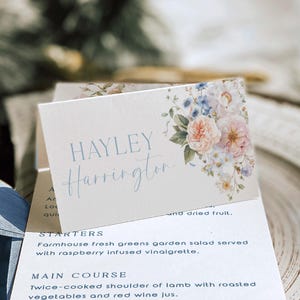 Blaue Blumen druckbare Platzkartenvorlage, Brautparty-Tischkarten, Baby-Dusche-Tischkarten, bearbeitbare Hochzeit-Tischkarten, Hargrove