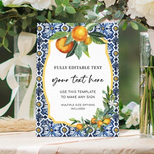 May include: A printable sign template with a blue and white tile pattern border and a watercolor illustration of orange blossoms and fruit. The text on the sign reads "FULLY EDITABLE TEXT your text here USE THIS TEMPLATE TO MAKE ANY SIGN MULTIPLE SIZE OPTIONS INCLUDED".