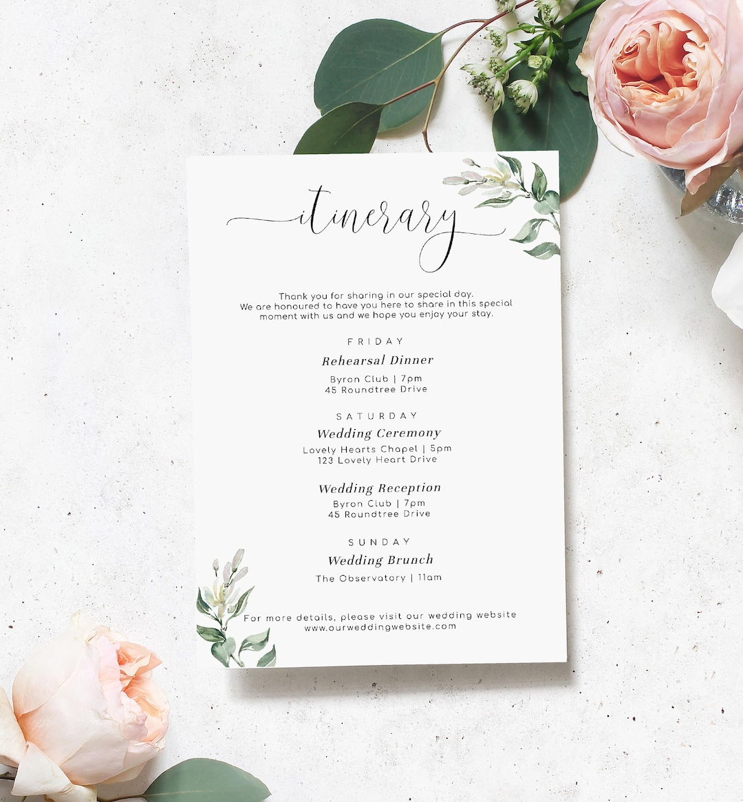 Printable Wedding Itinerary Template, Wedding Weekend Itinerary ...