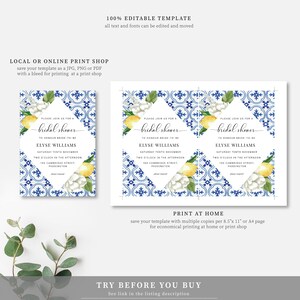 K&ouml;nnte beinhalten: Eine druckbare Einladung zu einer Brautparty mit einer Aquarell-Illustration von Zitronen, wei&szlig;en Blumen und einem blauen und wei&szlig;en Fliesenmuster. Der Text auf der Einladung lautet: "Bitte nehmen Sie an unserer Brautparty zu Ehren der zuk&uuml;nftigen Braut Elyse Williams teil, Samstag, den 10. November, um 14:00 Uhr, 160 Cambridge Street, Paddington".