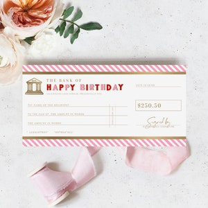Modèle de chèque d'anniversaire, chèque-cadeau faux chèque bancaire, chèque-cadeau personnalisé à imprimer, cadeau d'anniversaire, bon-cadeau de Noël, rayures