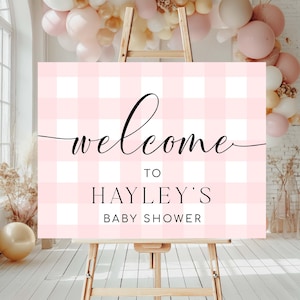 Pink Gingham Welcome Sign, Girl Baby Shower Pale Pink Check Welcome Sign, Printable Picnic Theme Baby Shower Welcome Sign
