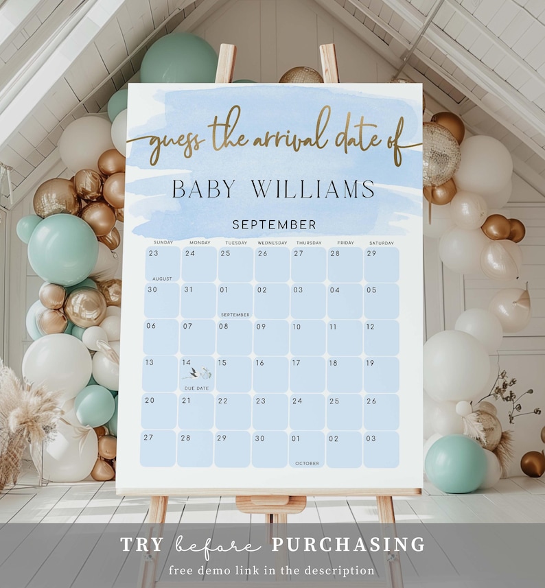 Op de afbeelding: Een blauw en wit aquarel-achtig babyshower-spelbord met gouden letters. Het bord zegt "raad het aankomstdatum van Baby Williams" en heeft een kalender met de data september en oktober.