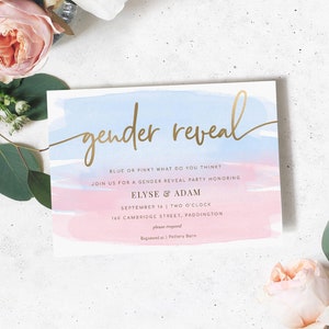Invitación para revelar el género del bebé, lámina dorada, invitación para baby shower de género neutro en rosa y azul, invitación imprimible y editable, acuarela rosa y azul
