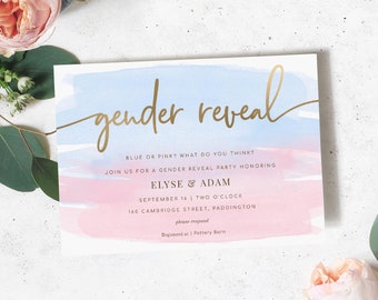 Gender Reveal Invitation, Gold Foil, Pink and Blue Gender Neutral Baby Shower Invite, Printable Editable Invitation, Pink Blue Watercolour