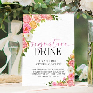 Modelo de placa de bebidas exclusivas, menu de bar para impressão, frutas cítricas, flores brilhantes de primavera, placa de menu de coquetéis, placa de coquetéis exclusiva, pomelo