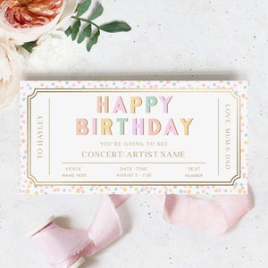 Happy Birthday Konzert Gutschein Vorlage, Printable Musik Festival Ticket Geschenkgutschein, Unisex Geburtstagsgeschenk Coupon, Dot Pastell