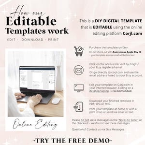 May include: An instructional graphic for a DIY digital template, featuring the text 'How our Editable Templates work' and 'TRY THE FREE DEMO'. It outlines steps for using Corjl.com, including purchasing, accessing via email, editing on a desktop, and printing.