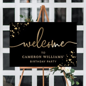 Cartello di benvenuto modificabile, cartello di benvenuto unisex per compleanno stampabile in oro nero, cartello di benvenuto per festa maschile, festa di pensionamento, Paintly