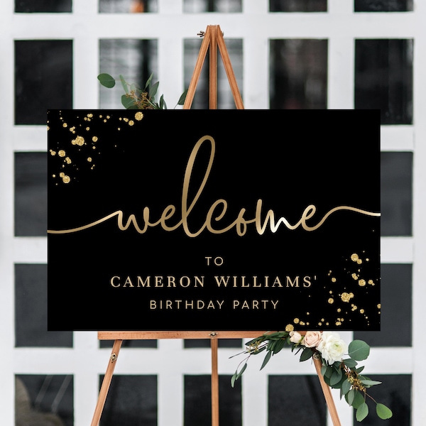 Editable Welcome Sign, Black Gold Printable Unisex Birthday Welcome Sign, Male Party Welcome Sign, Retirement Party, Paintly