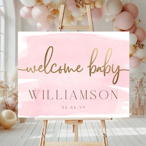 Baby Willkommensschild, Willkommensschild Vorlage, Printable Rosa Aquarell Baby Shower Willkommensschild, Gold, Mädchen-Babyparty