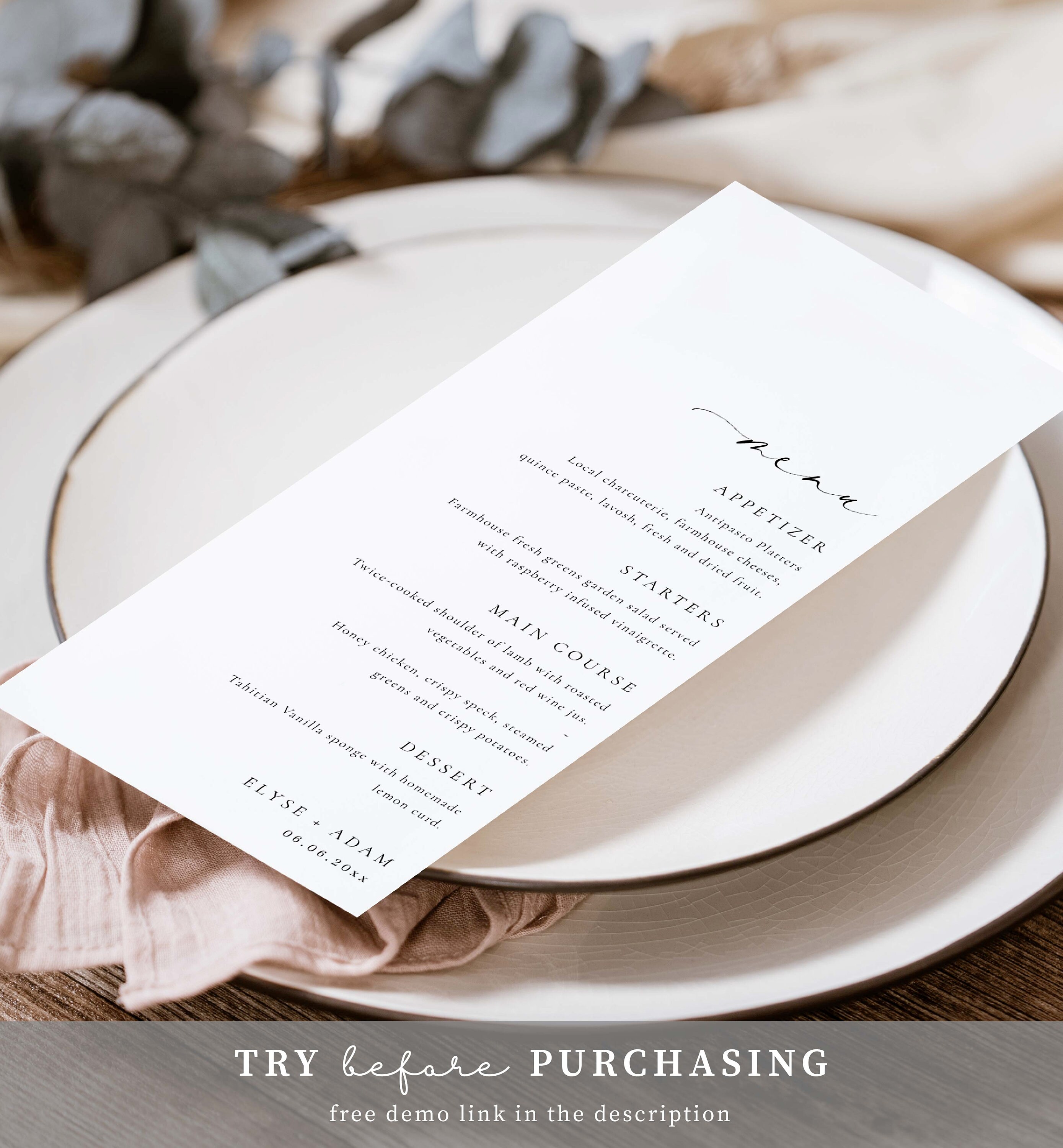 Printable Menu Template, Elegant Wedding Dinner Menu, Editable Modern ...