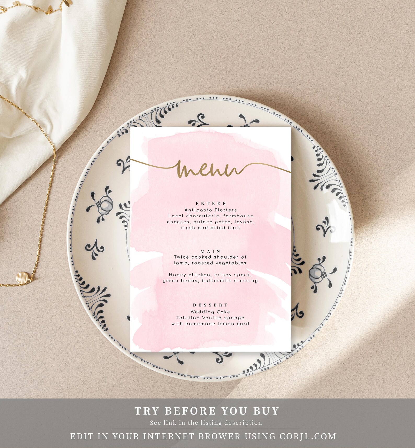 Editable Menu Printable Dinner Menu Gold Foil Pink | Etsy