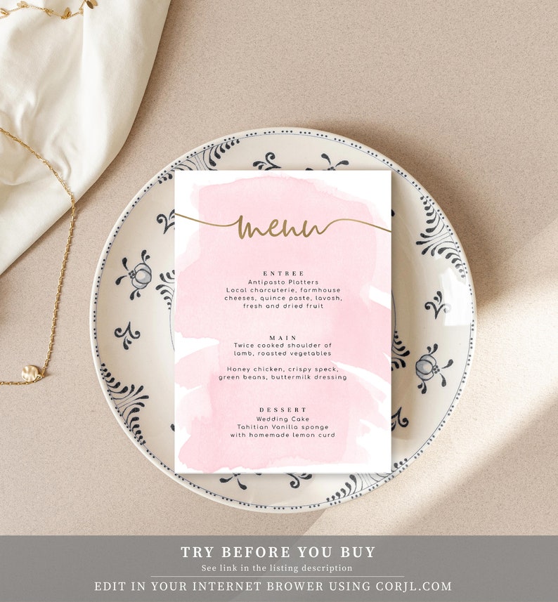 Editable Menu Printable Dinner Menu Gold Foil Pink | Etsy
