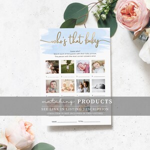 Op de afbeelding: Een blauw en wit printbaar babyshower-spel met de tekst "who's that baby" in gouden schrift. Het spel vraagt ​​gasten om babyfoto's te matchen met hun ouders. Het spel bevat een sectie voor de naam van de speler en de totaalscore.