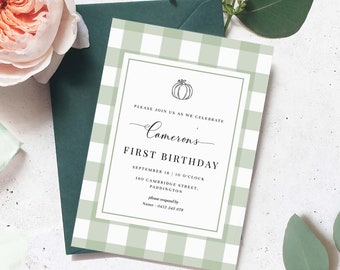 Sage Green Gingham Pumpkin First Birthday Invitation, BBQ Party (Printable)