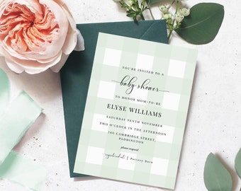 Mint Green Gingham Baby Shower Printable Invitation - Baby BBQ Invite - Editable Gender Neutral Baby Shower Invitation - Couples Shower