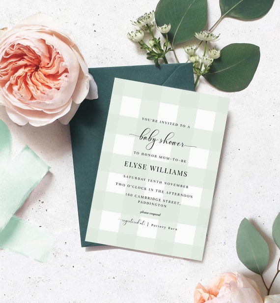 Mint Green Gingham Baby Shower Printable Invitation Baby BBQ | Etsy