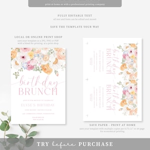 May include: A printable invitation for a birthday brunch with a floral design. The invitation features a pink and white floral pattern with the text "birthday brunch" in pink script. The text "Elyse's Birthday" is also included, along with the date and time of the event.