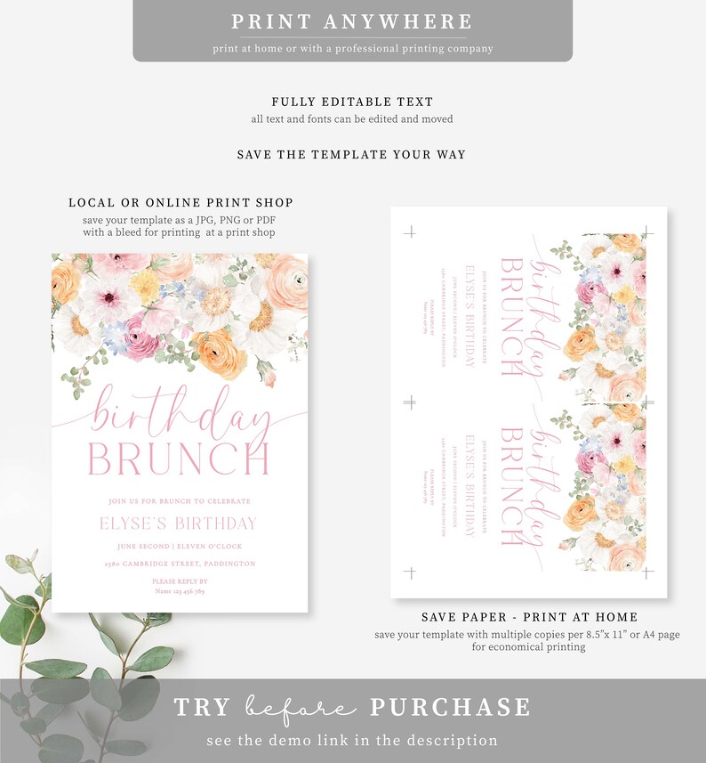 May include: A printable invitation for a birthday brunch with a floral design. The invitation features a pink and white floral pattern with the text "birthday brunch" in pink script. The text "Elyse's Birthday" is also included, along with the date and time of the event.