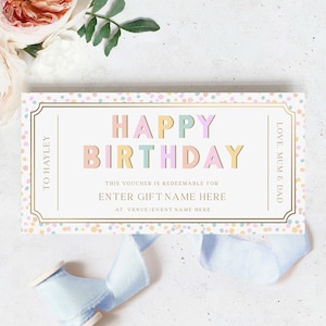 Plantilla de cupón de regalo personalizado de feliz cumpleaños, certificado de regalo de cumpleaños imprimible, cupón de regalo de cumpleaños unisex imprimible, diseño de lunares pastel.
