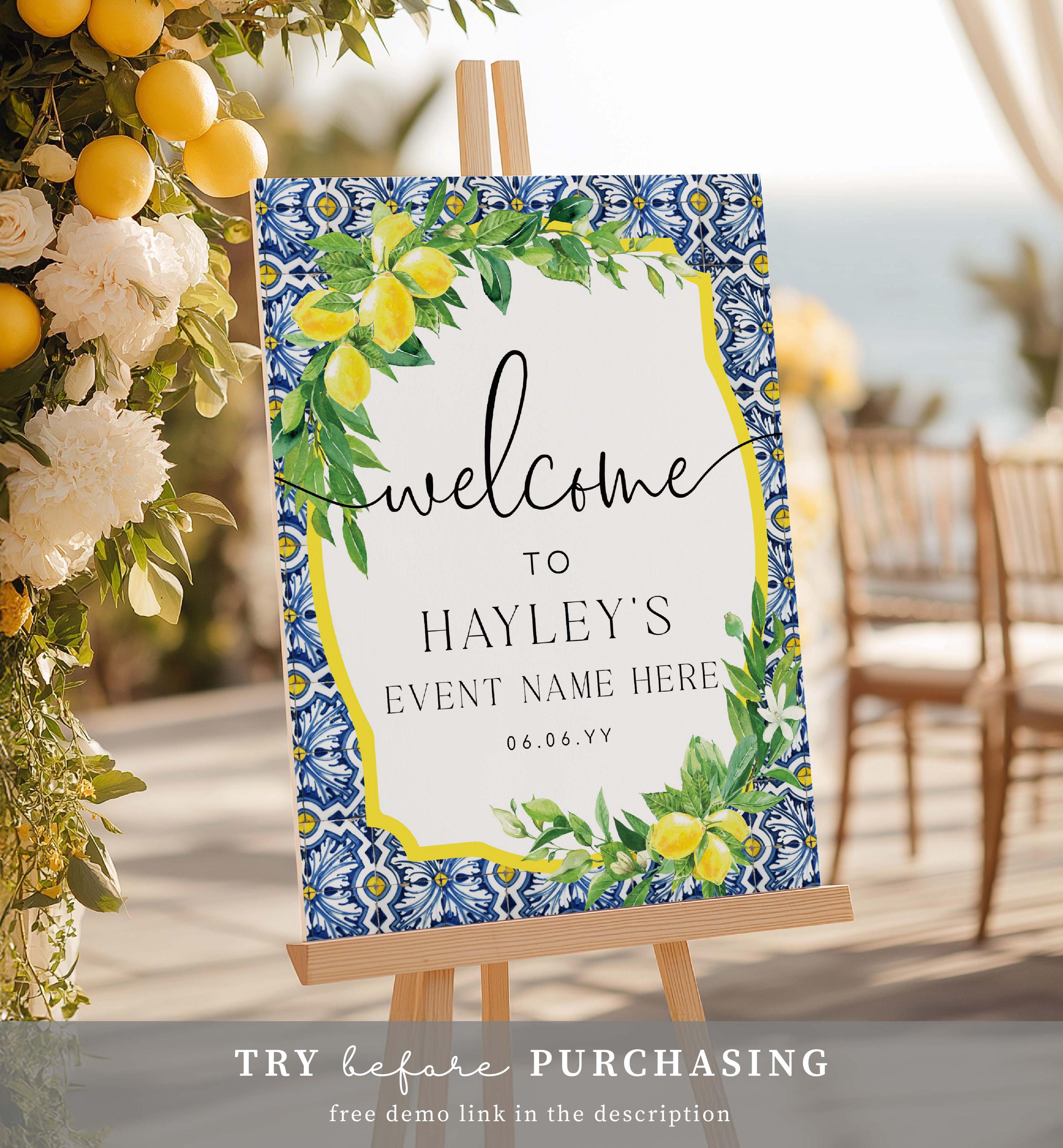Lemon Bridal Shower Welcome Sign, Positano Blue Tile Lemons Printable  Wedding Sign, Greenery Welcome Sign, Baby Shower Sign - Etsy België, image size:2778x3000