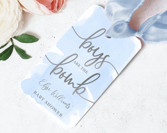 Presentetikett med "Pojkar är bomben", blå akvarell babyshower (redigerbar, digital nedladdning)