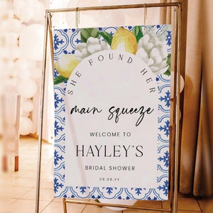 She Found Her Main Squeeze Welcome Sign, Arch Mediterranean Blue Tile Lemons, Printable Bridal Shower Welcome Sign, The Med