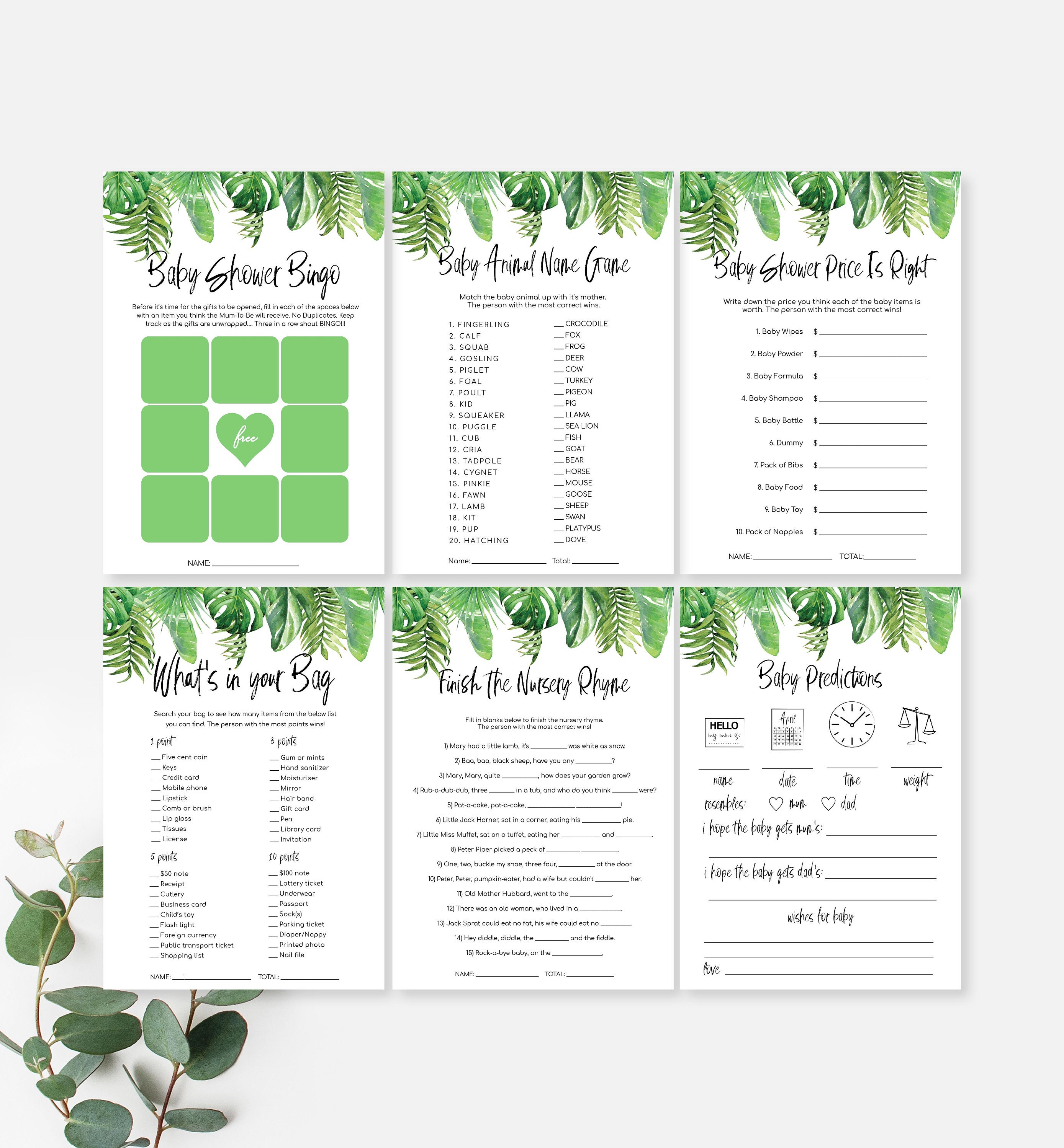 baby shower games bundle pack printable greenery gender etsy singapore