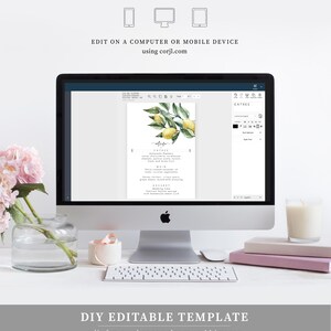 K&ouml;nnte beinhalten: Ein digitaler Bildschirm zeigt eine limonenfarbene Hochzeit-Men&uuml;vorlage. Die Vorlage ist editierbar und kann mit verschiedenen Schriftarten, Farben und Bildern angepasst werden. Der Text auf dem Bildschirm lautet "Vorspeise", "Handwerkliche Bauern", "Zitronenhuhn", "Honig-H&auml;hnchen", "Hochzeitsgeschenke" und "Dessert".