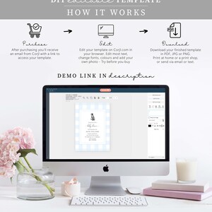 May include: A computer screen displaying a blue and white gingham baby shower invitation with a black and white illustration of a dog. The invitation says "Please join us for a baby shower" and includes the name "Ethan Williams".