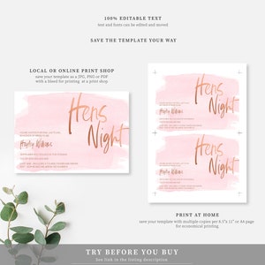 May include: Pink and rose gold printable invitation for a Hens Night party. The invitation features a watercolor-style background with the text "Hens Night" in rose gold lettering. The invitation also includes the bride-to-be's name and the date of the party.