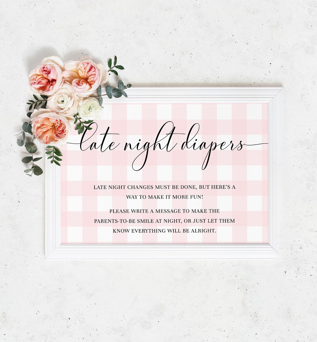 Late Night Diapers Sign, Pink Gingham Printable Baby Girl Baby Shower ...