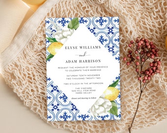 Wedding Invitation Printable Invitation - Mediterranean Blue Tile Lemons - Destination Wedding Editable Invitation - The Med