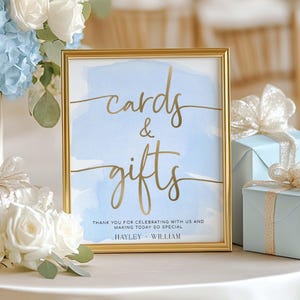 Karten und Geschenke Schild, blaues Aquarell, druckbares Baby-Dusche vorhanden Tischschild, Junge Baby-Dusche Geschenk Tischschild, Hochzeit Wunsch gut