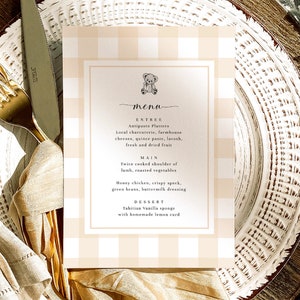 Tan pastel menusjabloon, beige babyshower tafelmenu, afdrukbare menusjabloon, teddybeer, babyshower voor baby's, genderneutrale babyshower