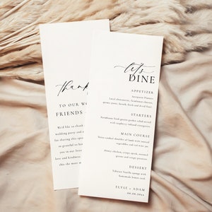 Modèle de menu de mariage et de remerciement, menu de mariage élégant, menu de mariage minimaliste moderne modifiable, menu du dîner imprimable, Ellesmere