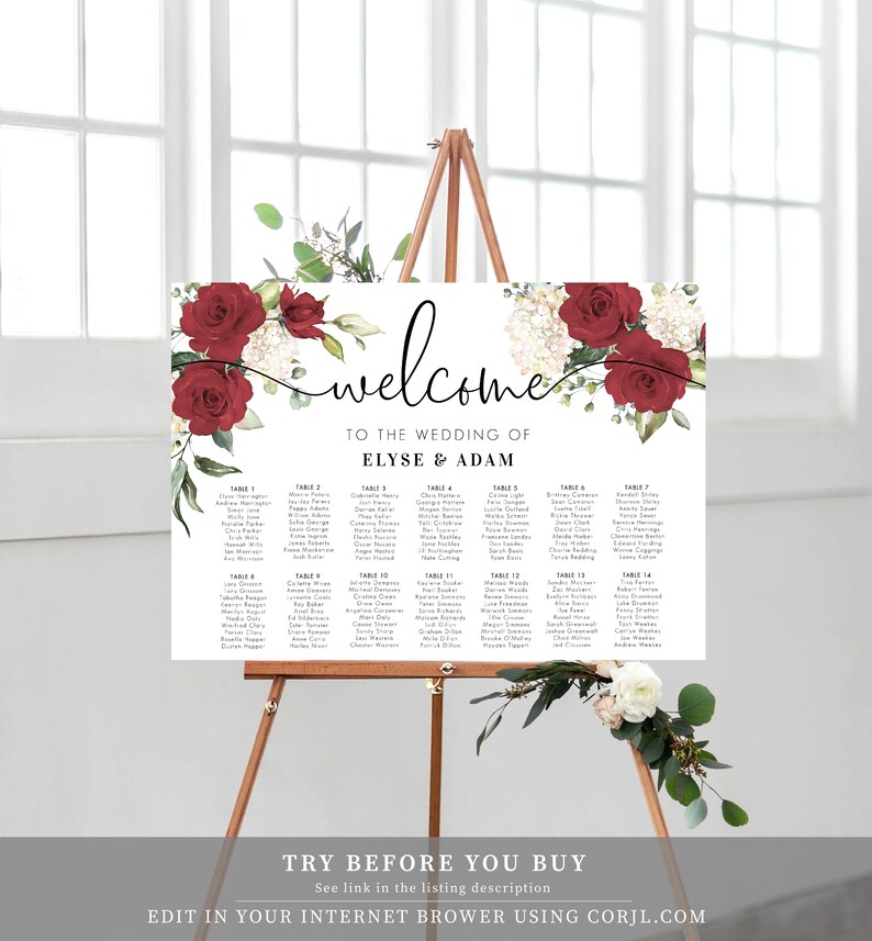 Printable Red Rose Floral Wedding Table Plan Editable Seating Etsy