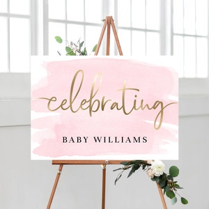 Pink Gold Celebrating Sign - Bridal Shower Welcome Sign - Printable Wedding Welcome Sign - Baby Shower Sign - Engagement Sign - Gold Foil