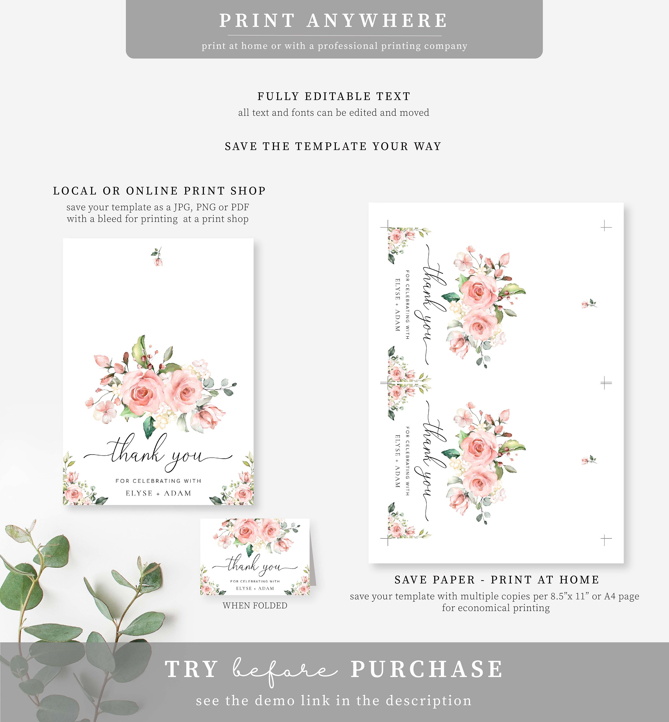 Blush Floral Thank You Card Printable Template, Darcy Pink - Etsy