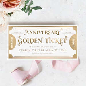 Jubiläum Golden Ticket benutzerdefinierte Geschenkgutschein Vorlage, druckbare Geschenkgutschein Hochzeitstag, druckbare Liebe Gutschein, Margo